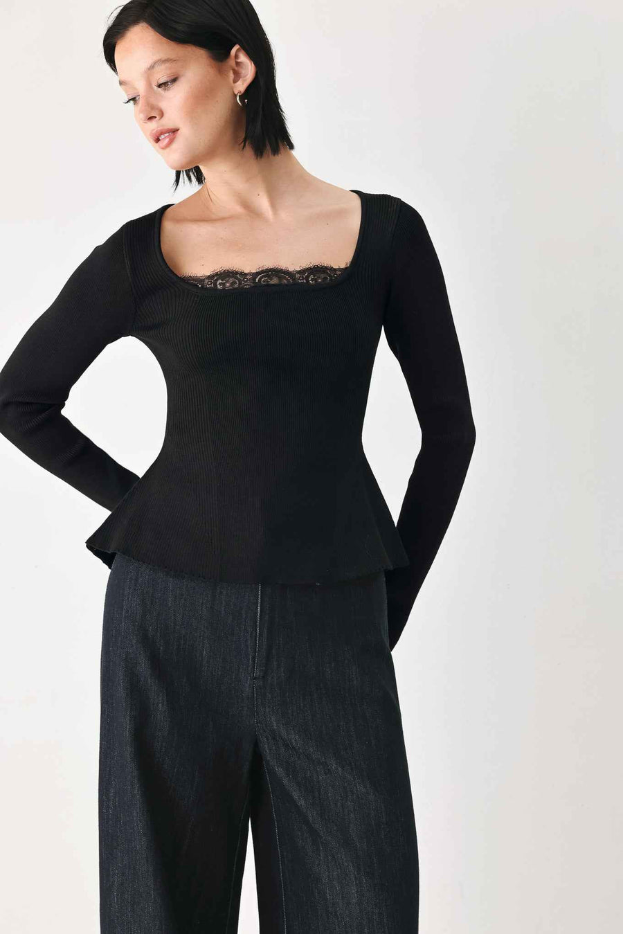 SWEET DEVOTION BLACK LACE-TRIM SQUARE NECK SWEATER