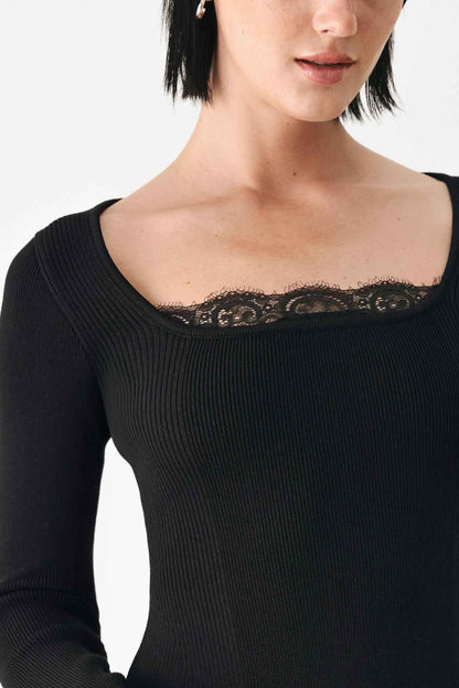 SWEET DEVOTION BLACK LACE-TRIM SQUARE NECK SWEATER