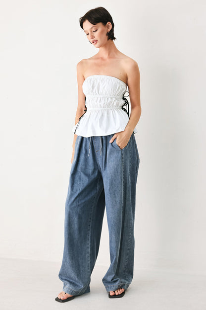 BEACH CLUB WOVEN STRAPLESS TOP