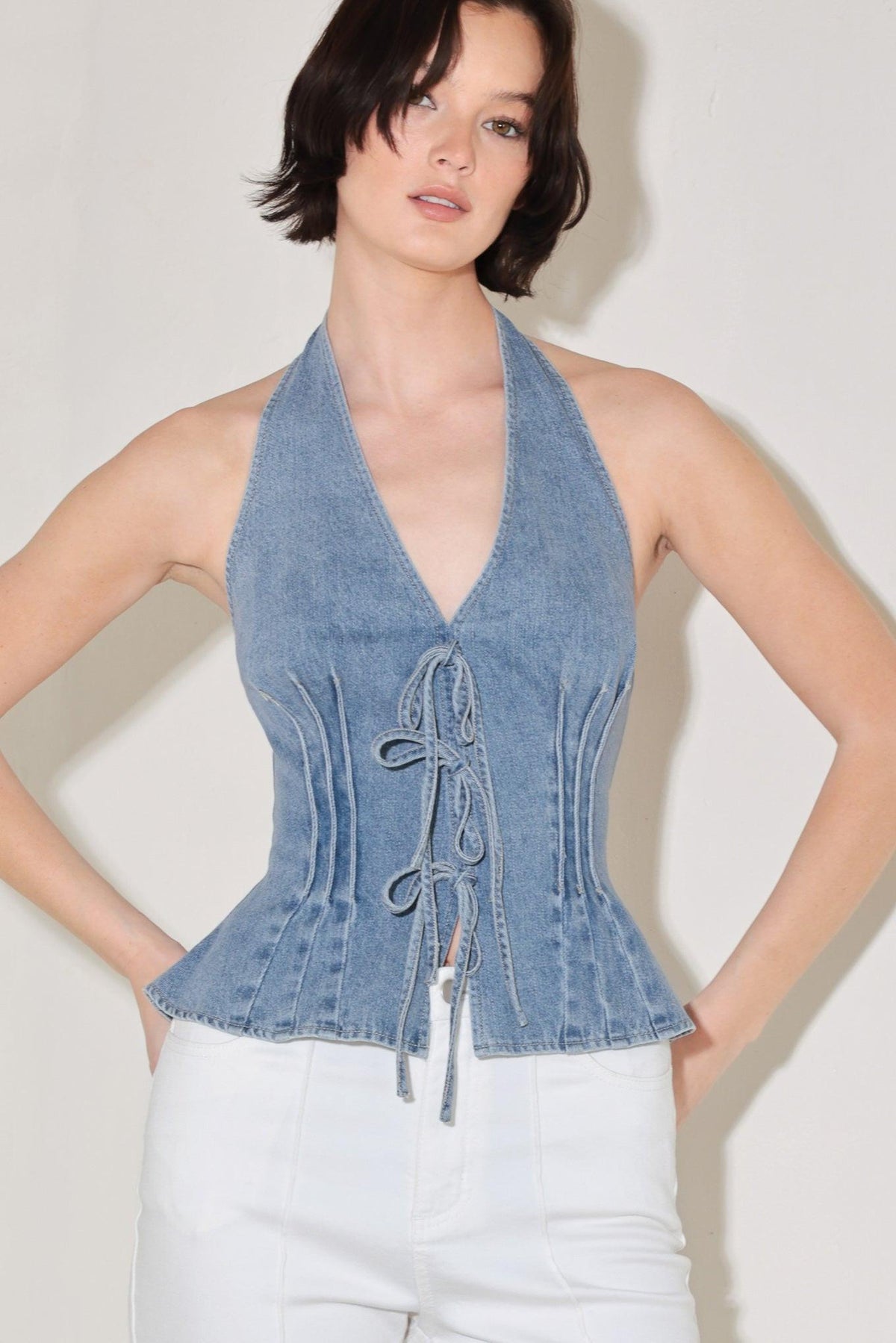 RETRO RISE HALTER DENIM TOP