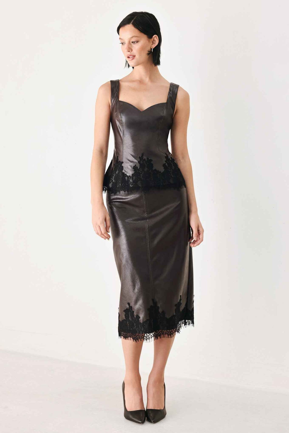 LACE AFTER DARK SWEETHEART FAUX LEATHER TOP