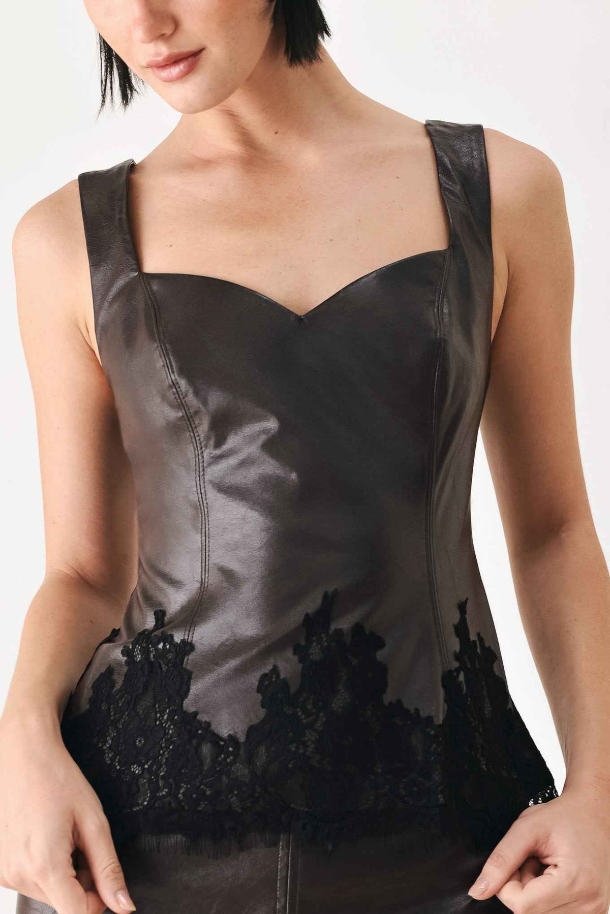 LACE AFTER DARK SWEETHEART FAUX LEATHER TOP