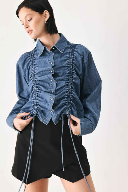 CASUAL ENCOUNTER INDIGO RUCHED DENIM BUTTON-DOWN TOP