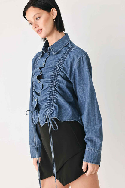 CASUAL ENCOUNTER INDIGO RUCHED DENIM BUTTON-DOWN TOP