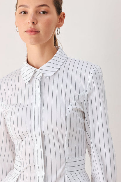 MODERNIST PINSTRIPE FLARED-WAIST WOVEN TOP