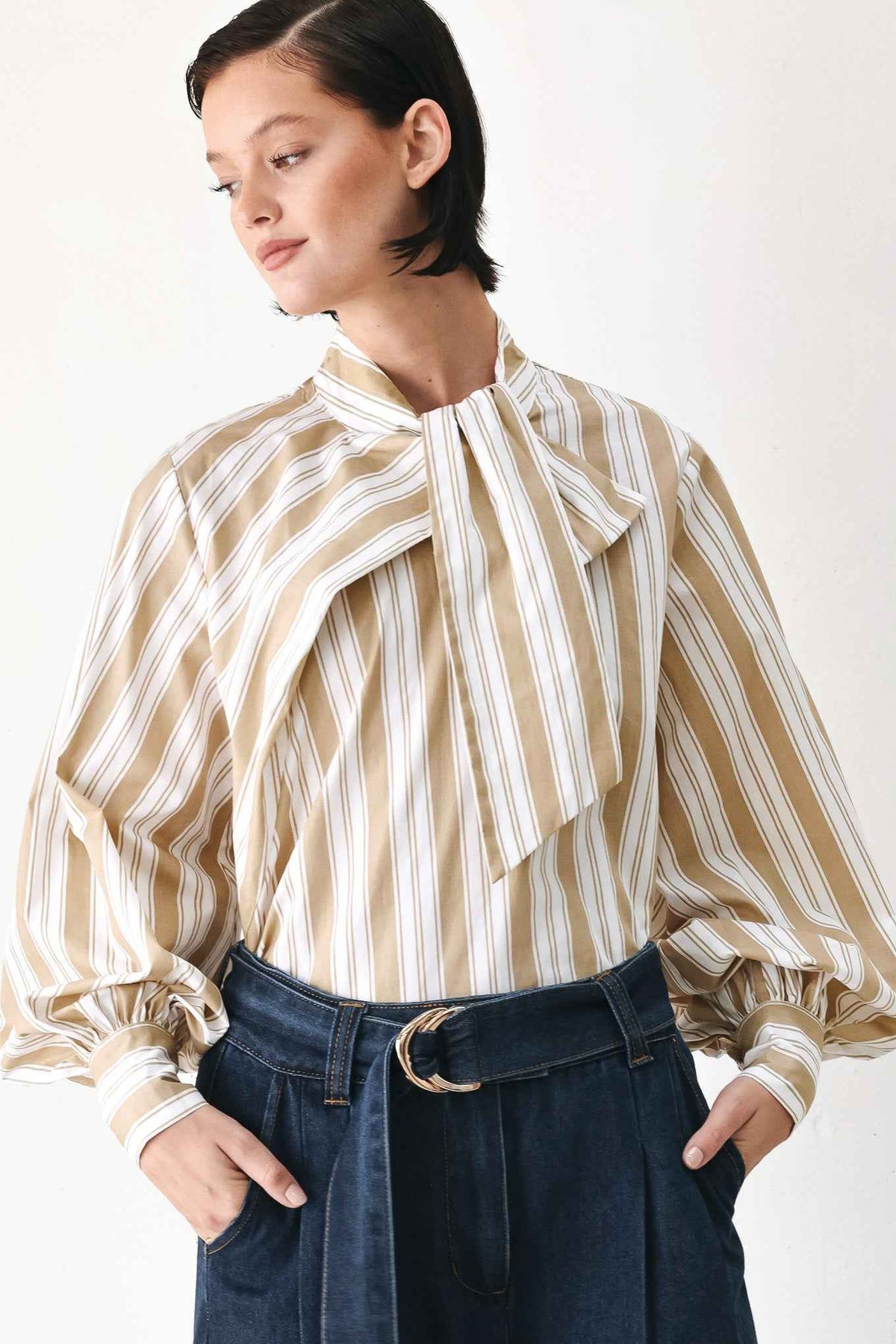 CHAMPAGNE STRIPE MUSE WOVEN TOP
