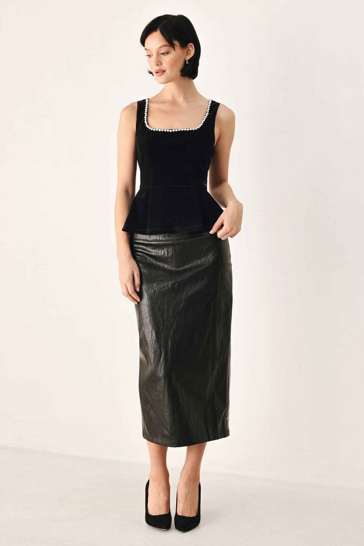 MIDNIGHT GLAM JEWELED VELVET PEPLUM TOP