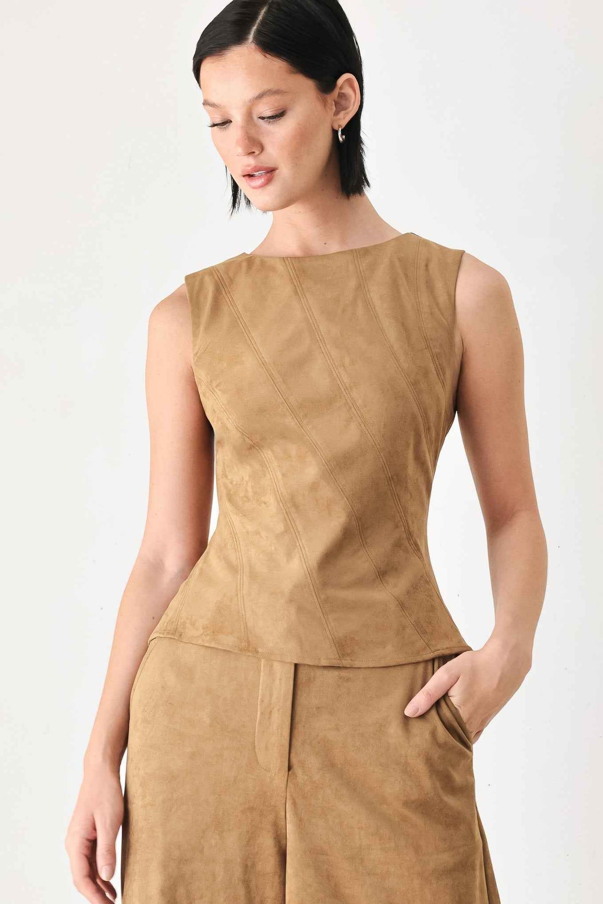 DESERT MOD CAMEL FAUX SUEDE SLEEVELESS TOP