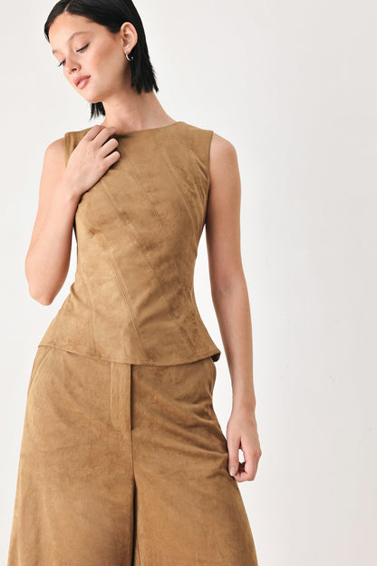 DESERT MOD CAMEL FAUX SUEDE SLEEVELESS TOP