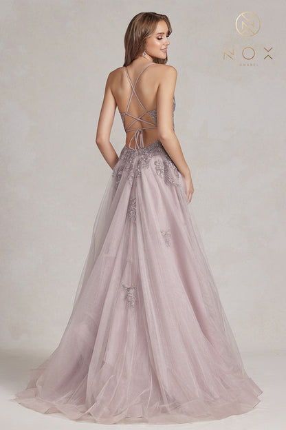 Nox Anabel G1149 Floor Length A-Line Tulle Gown with Slit