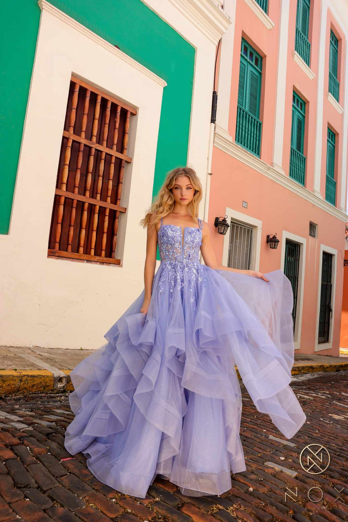 Nox Anabel H1351 Long A-Line Tiered Layered Ruffled Tulle Ballgown