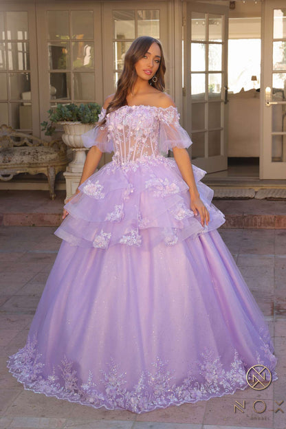 Nox Anabel H1360 Off the Shoulder 3D Floral A-Line Gown Removable Skirt