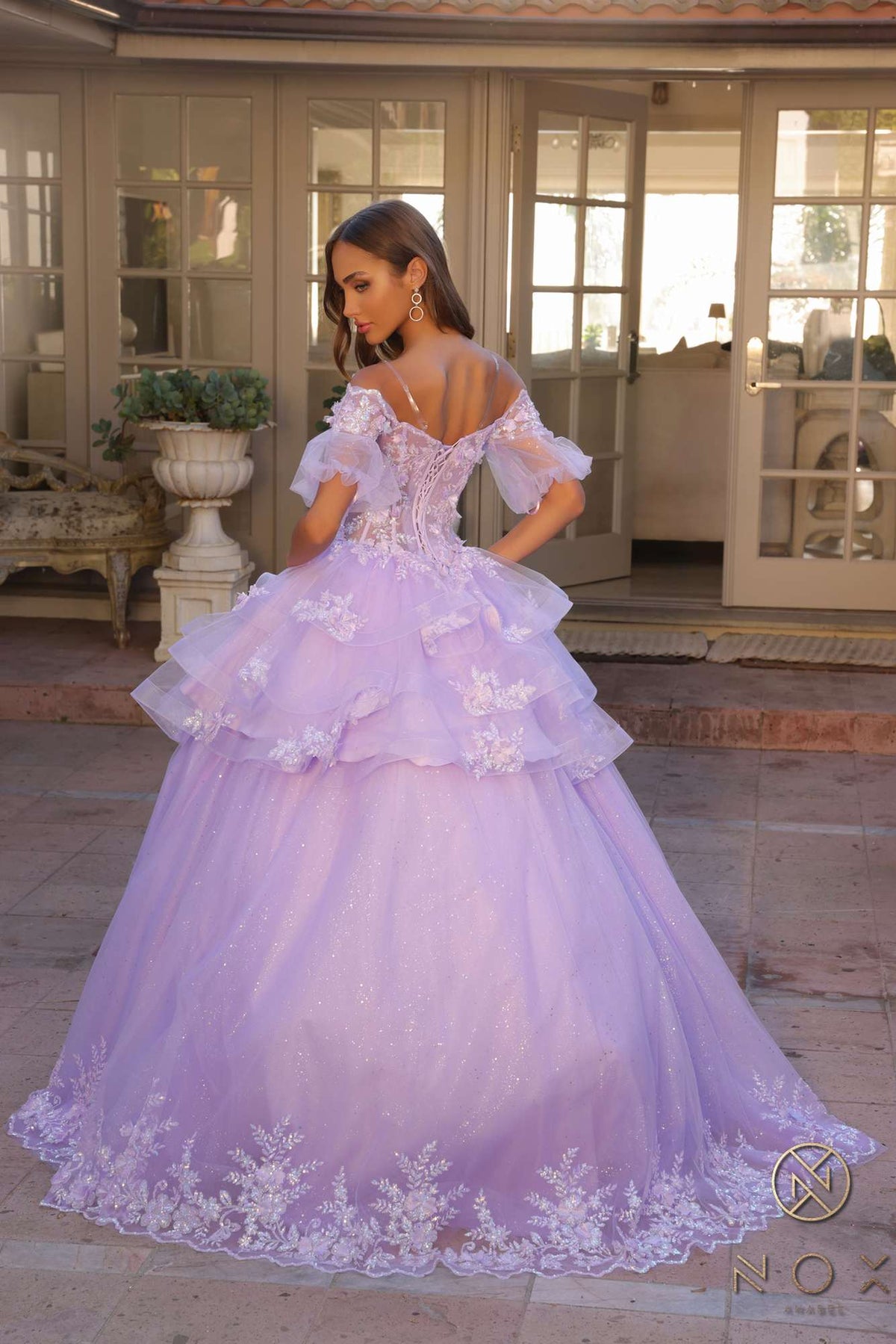 Nox Anabel H1360 Off the Shoulder 3D Floral A-Line Gown Removable Skirt