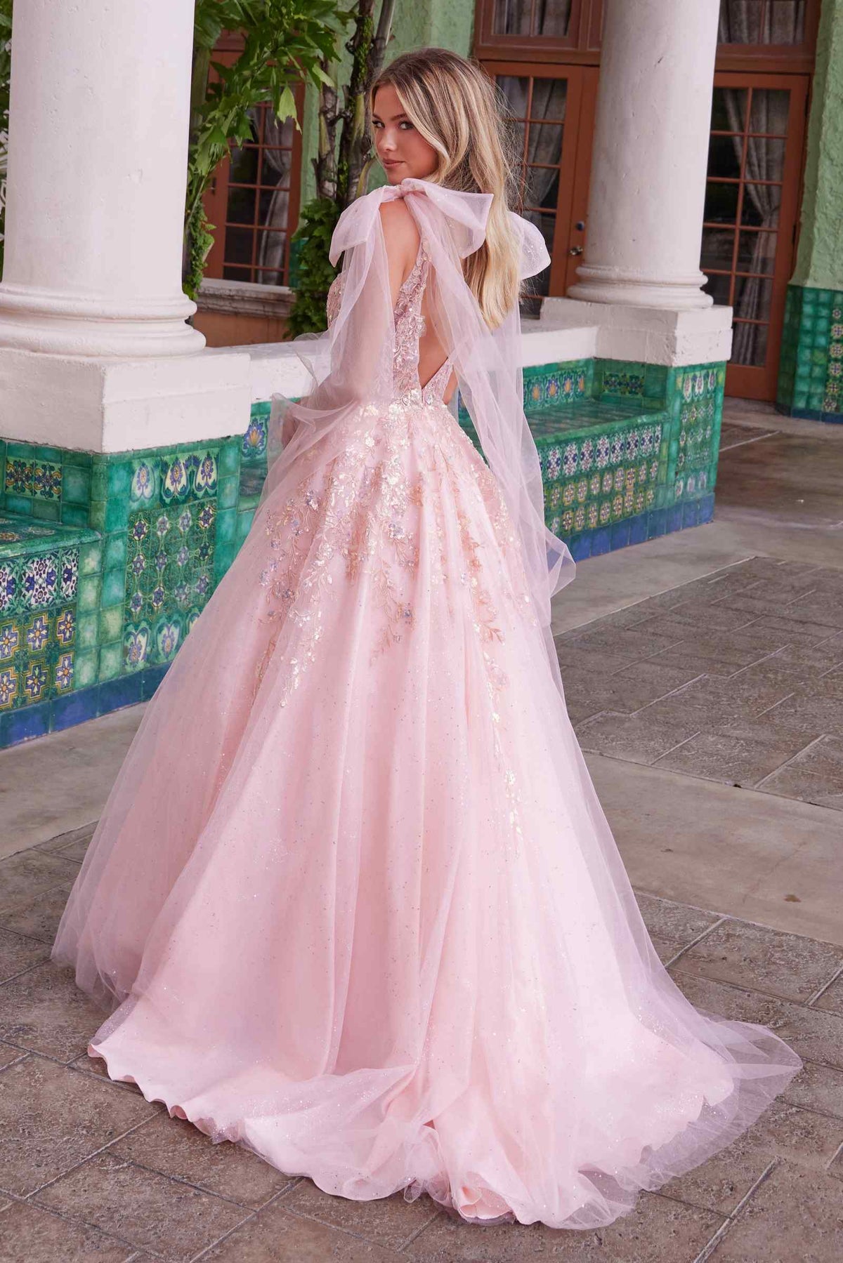 Nox Anabel H1680 Draped Tie-Up Straps Applique Tulle Dress