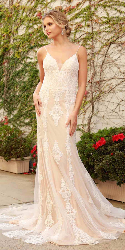 Nox Anabel H494 Spaghetti Strap V-Neckline Long Lace Wedding Gown