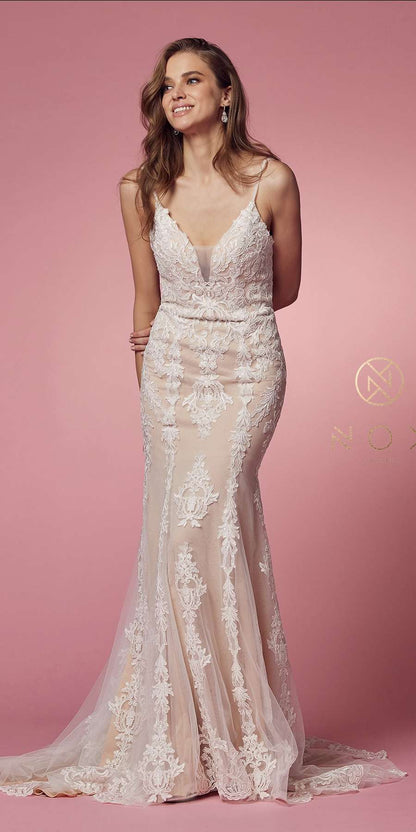 Nox Anabel H494 Spaghetti Strap V-Neckline Long Lace Wedding Gown