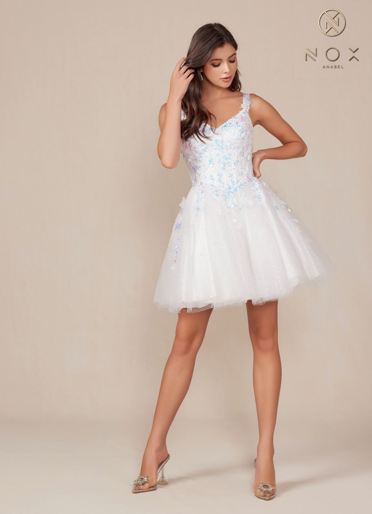 Nox Anabel H846W Short Glitter Sequin Applique White A-Line Dress