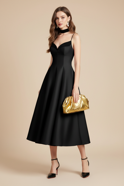 Elegant Sweetheart Midi Dress Set with Stiletto Pumps & Ruched Chain Bag