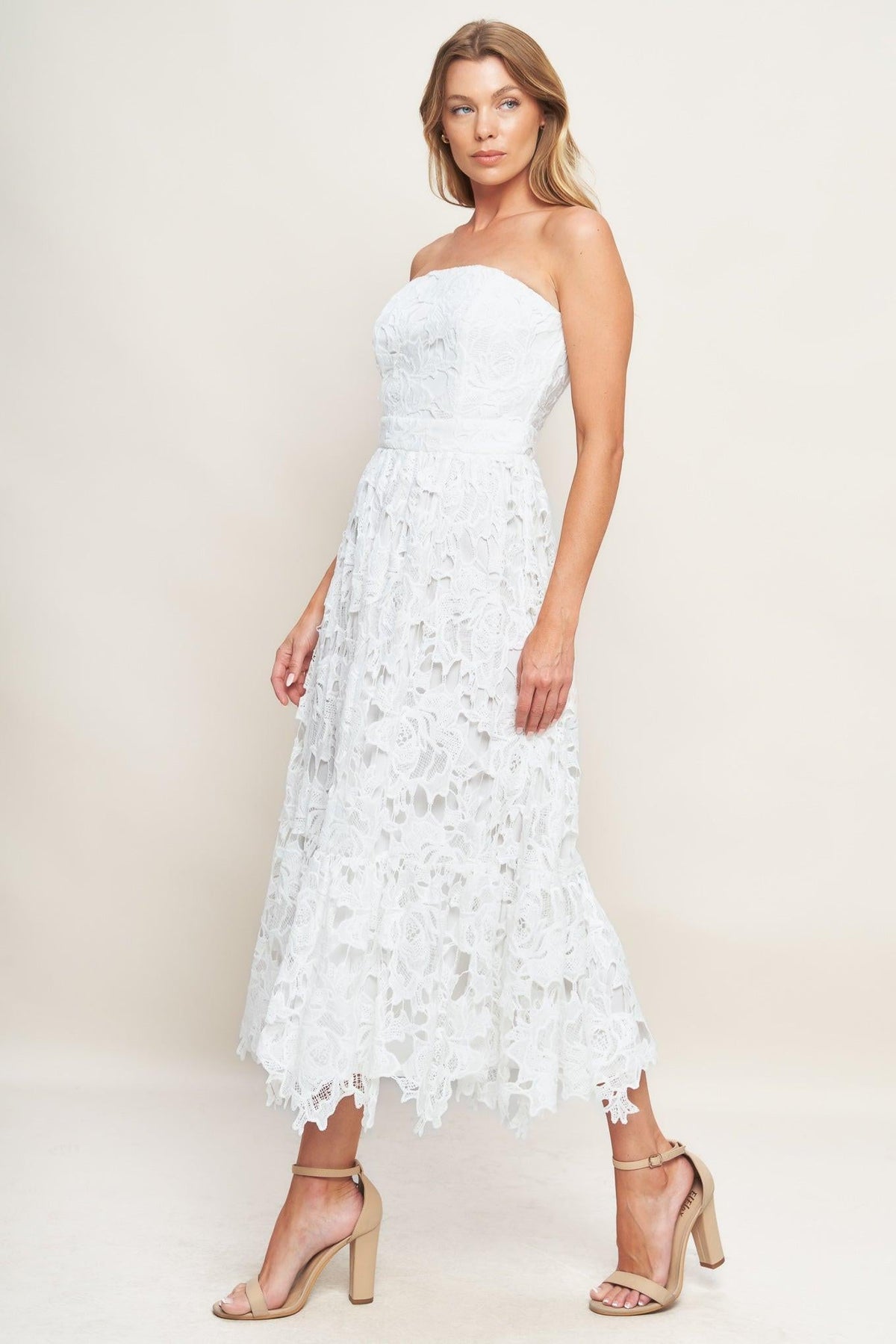 CAREFREE NIGHTS LACE OFF WHITE MIDI DRESS