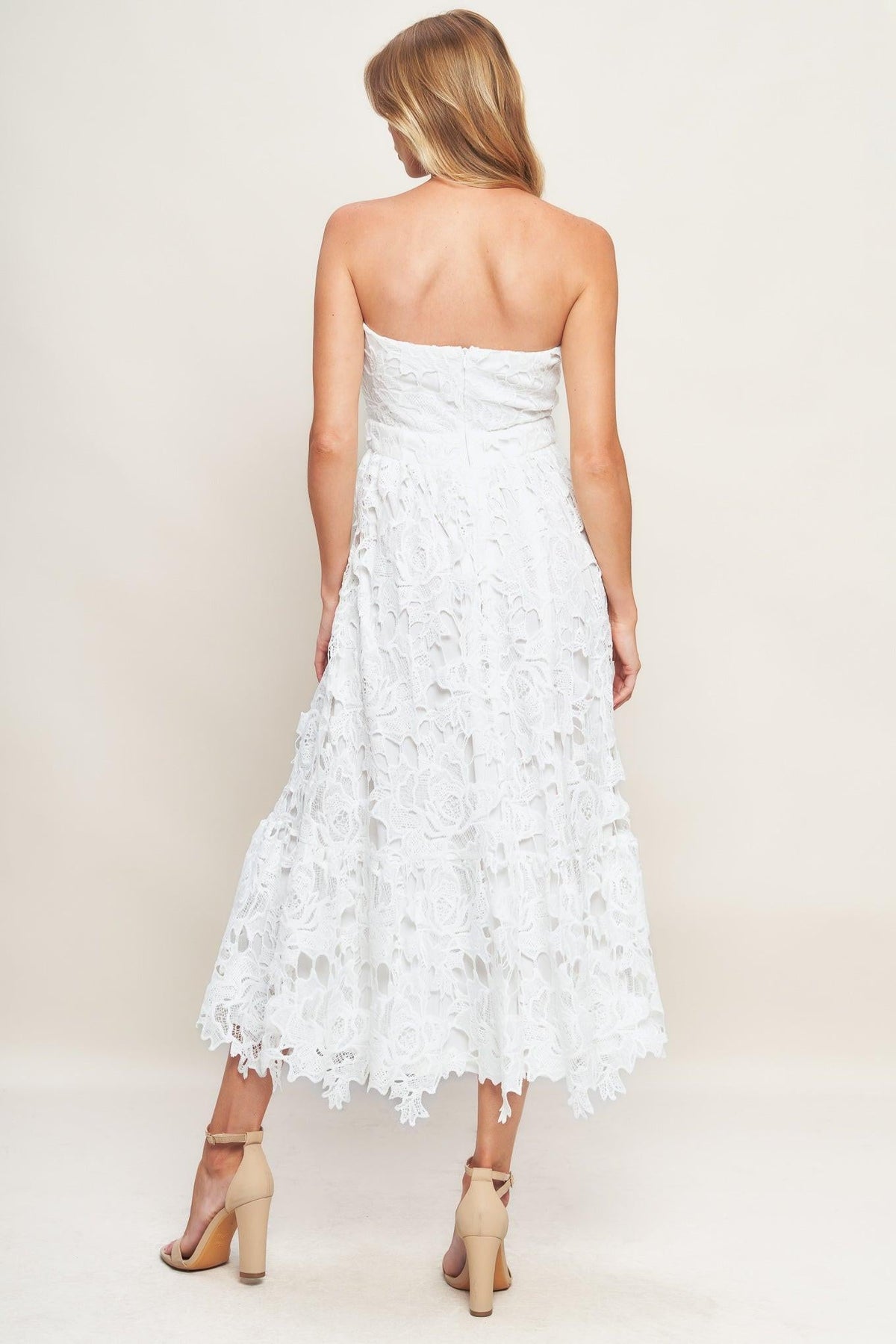 CAREFREE NIGHTS LACE OFF WHITE MIDI DRESS