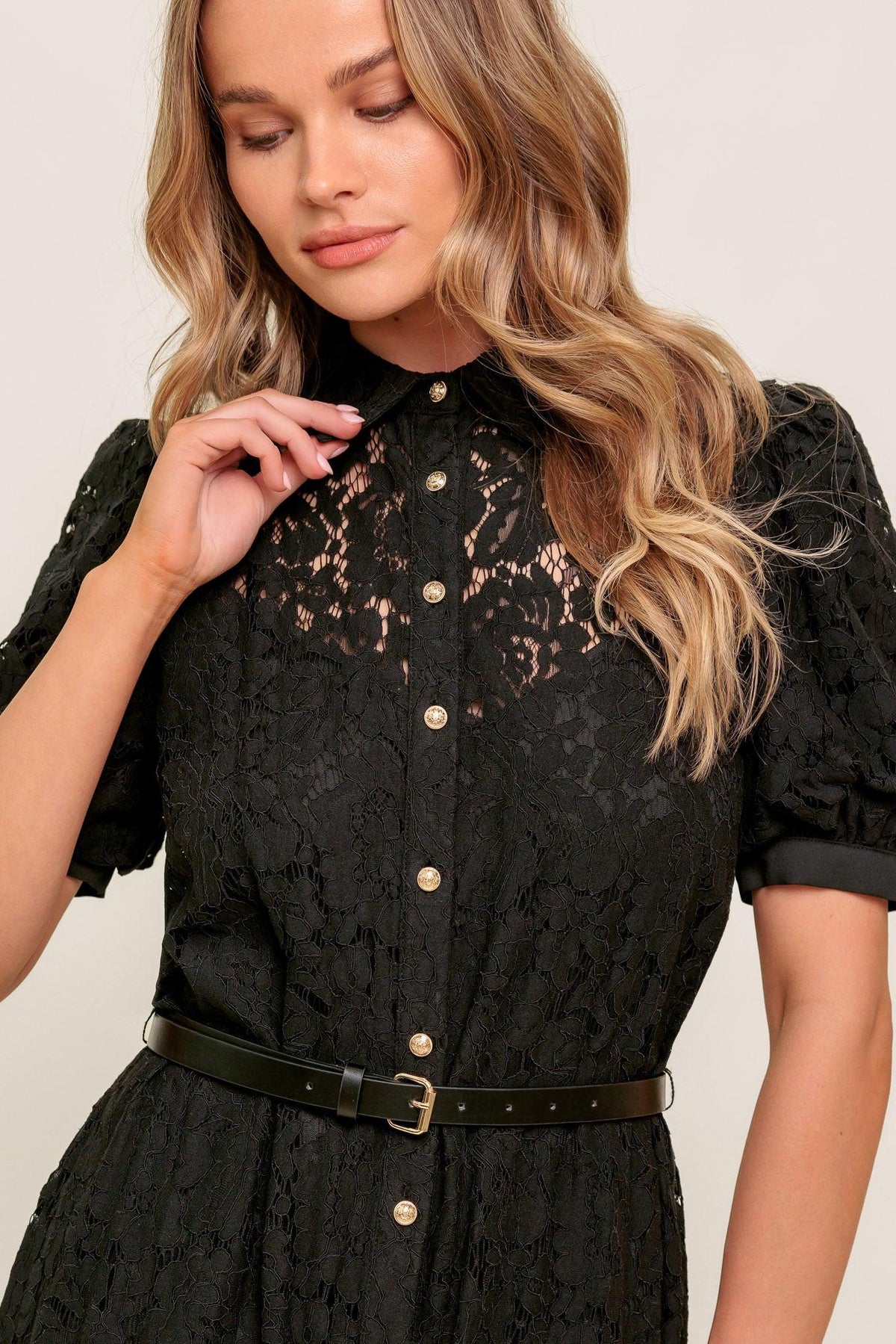 TIMID TO TENACIOUS WOVEN LACE SHIRT DRESS