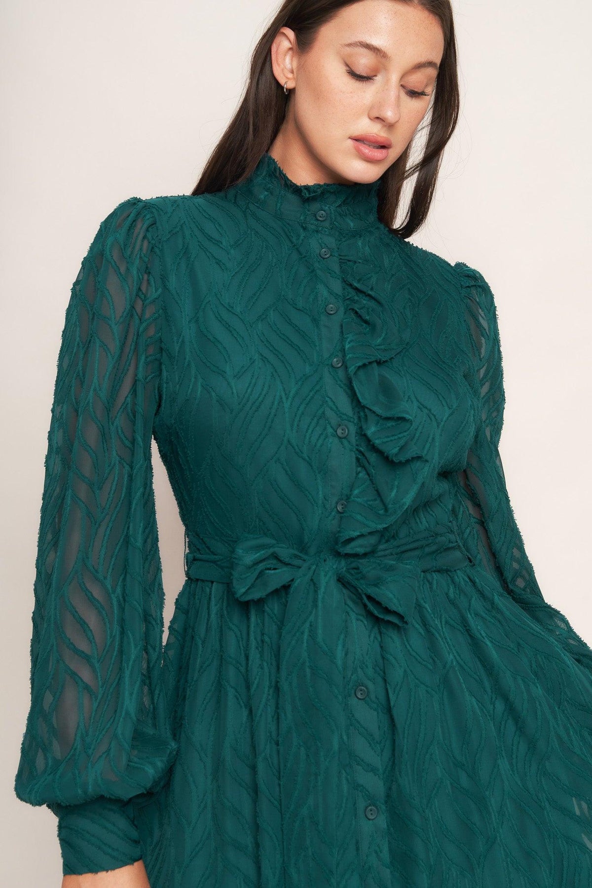 EMERALD WHISPER WOVEN MIDI DRESS