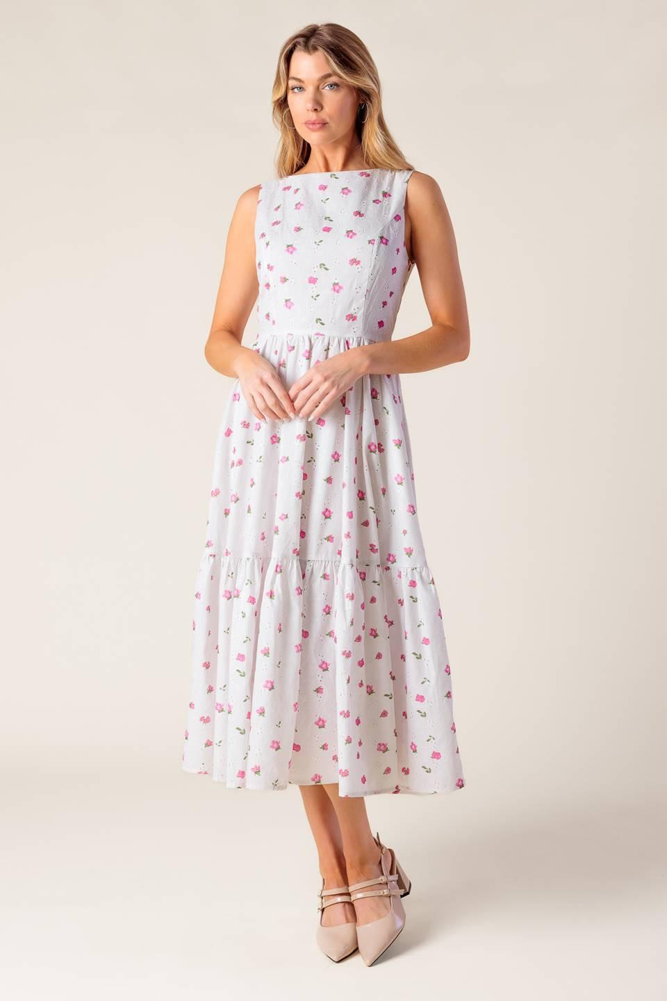 THENA GARDEN PARTY WOVEN EYELET MIDI DRESS
