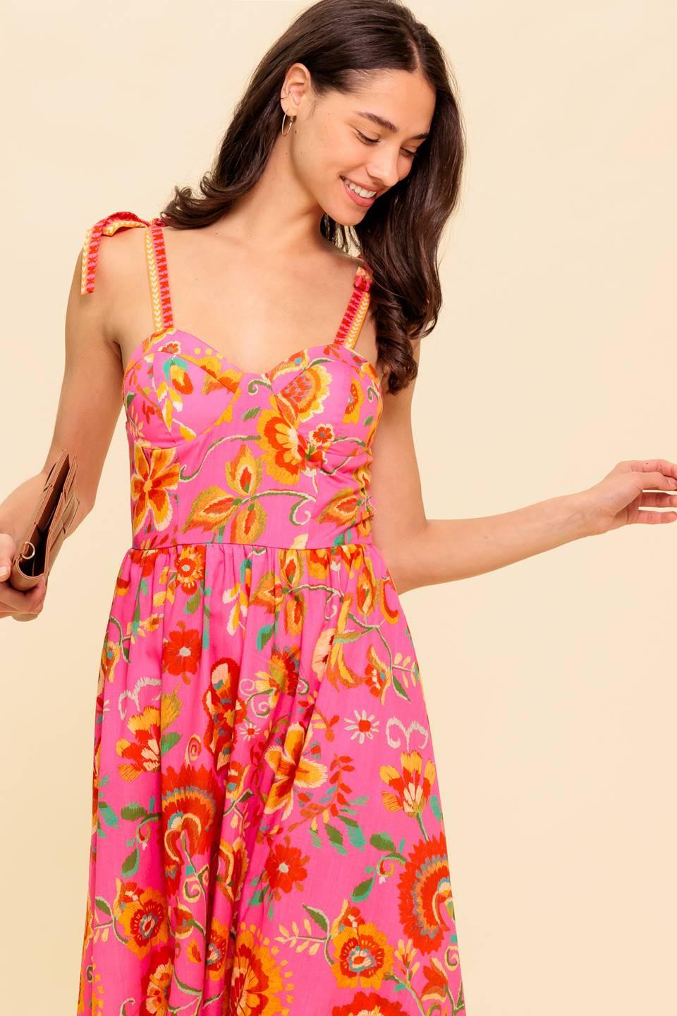 GARDEN GATHERING PINK WOVEN MIDI DRESS