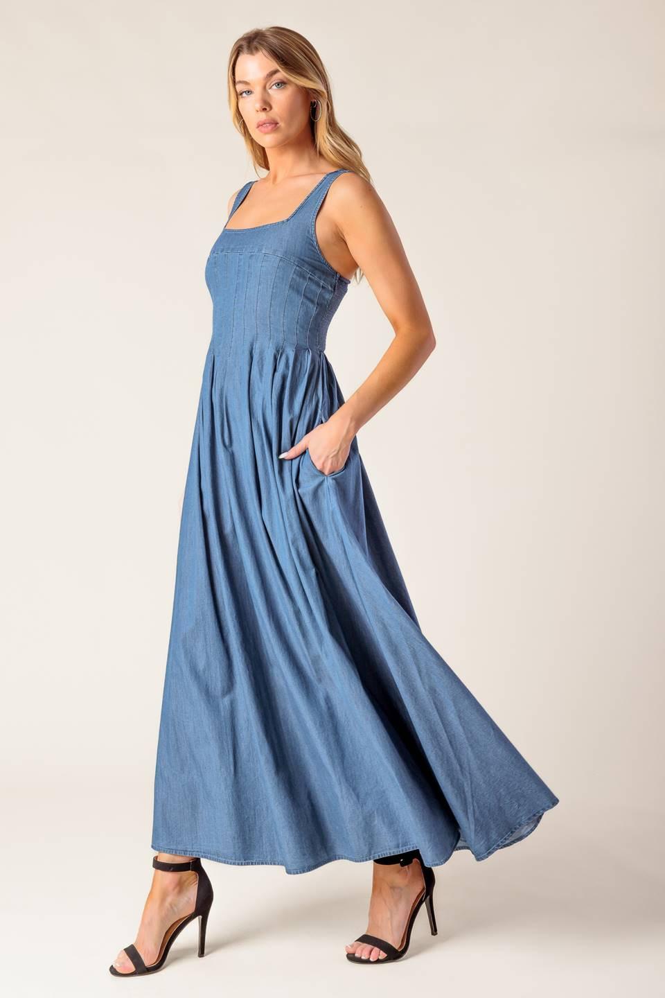 PASSIFLORA INDIGO DENIM MIDI DRESS