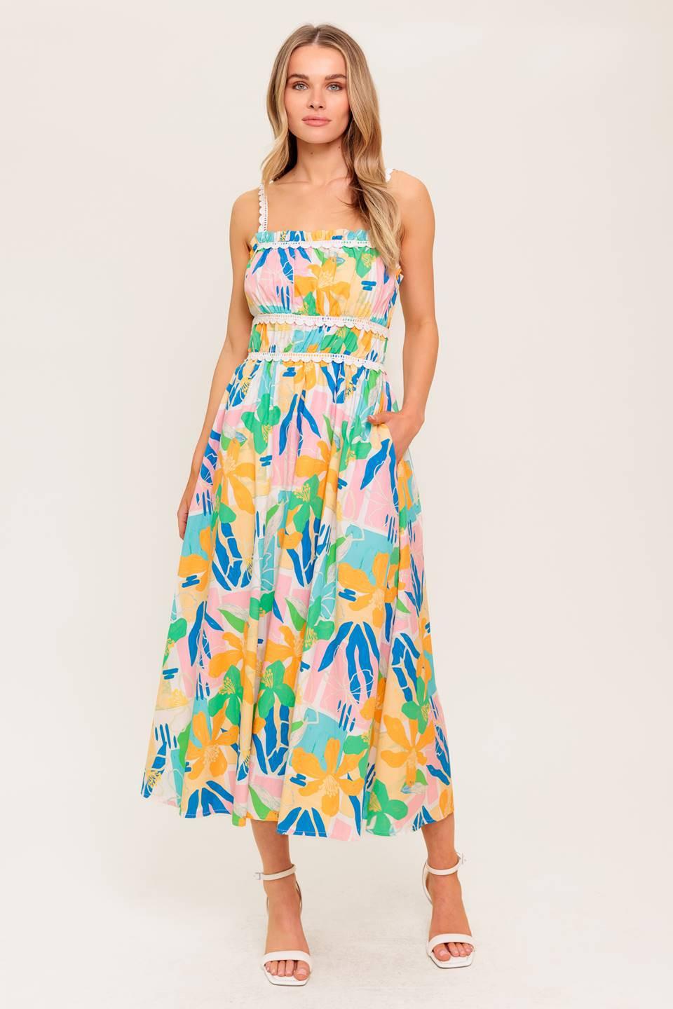 VESTIDO MIDI TEJIDO ROSA AZUL JARDÍN SOLEADO