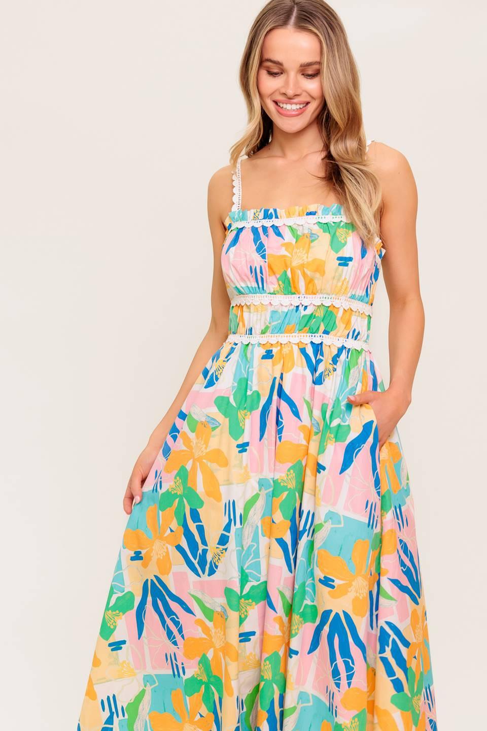 VESTIDO MIDI TEJIDO ROSA AZUL JARDÍN SOLEADO