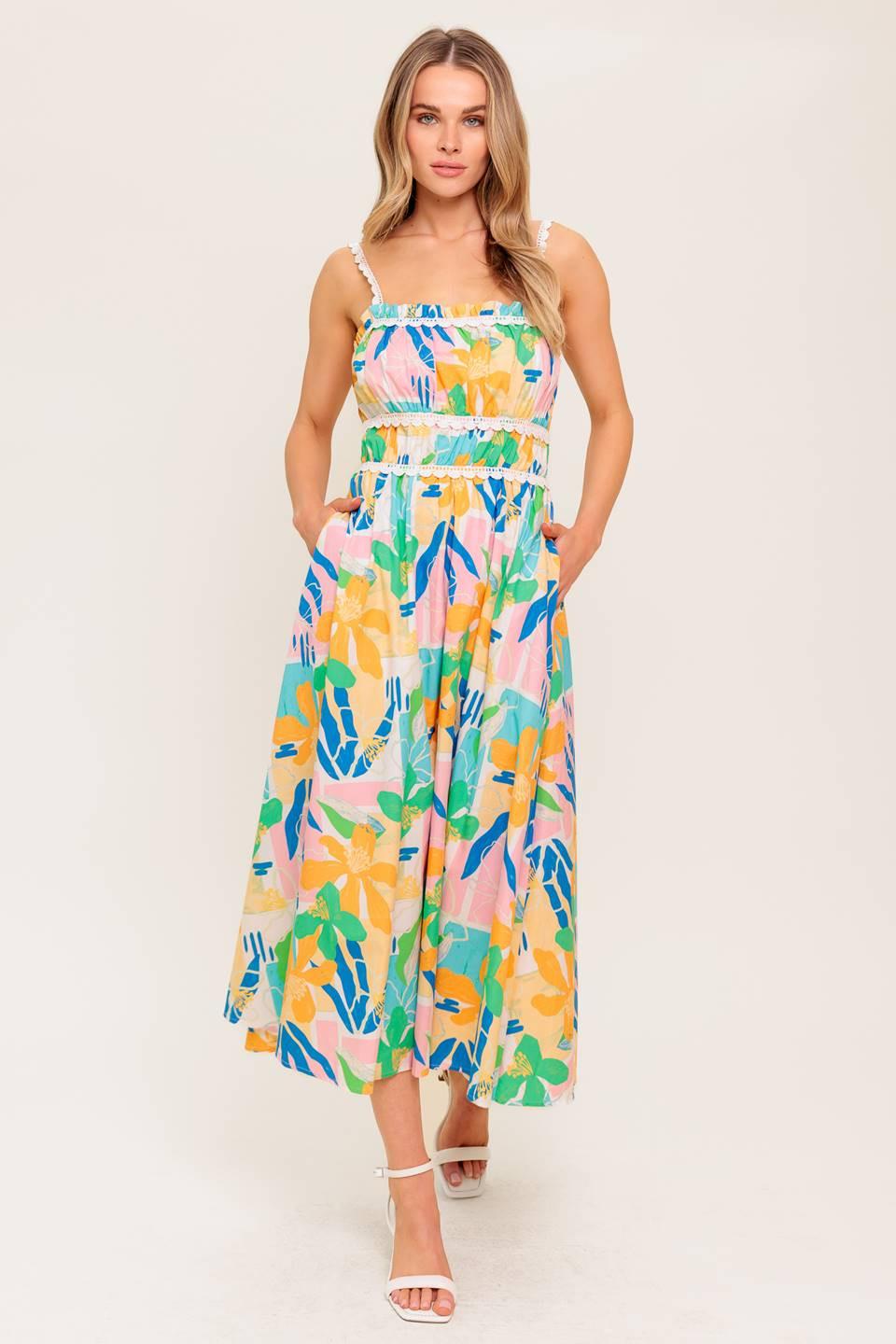 VESTIDO MIDI TEJIDO ROSA AZUL JARDÍN SOLEADO