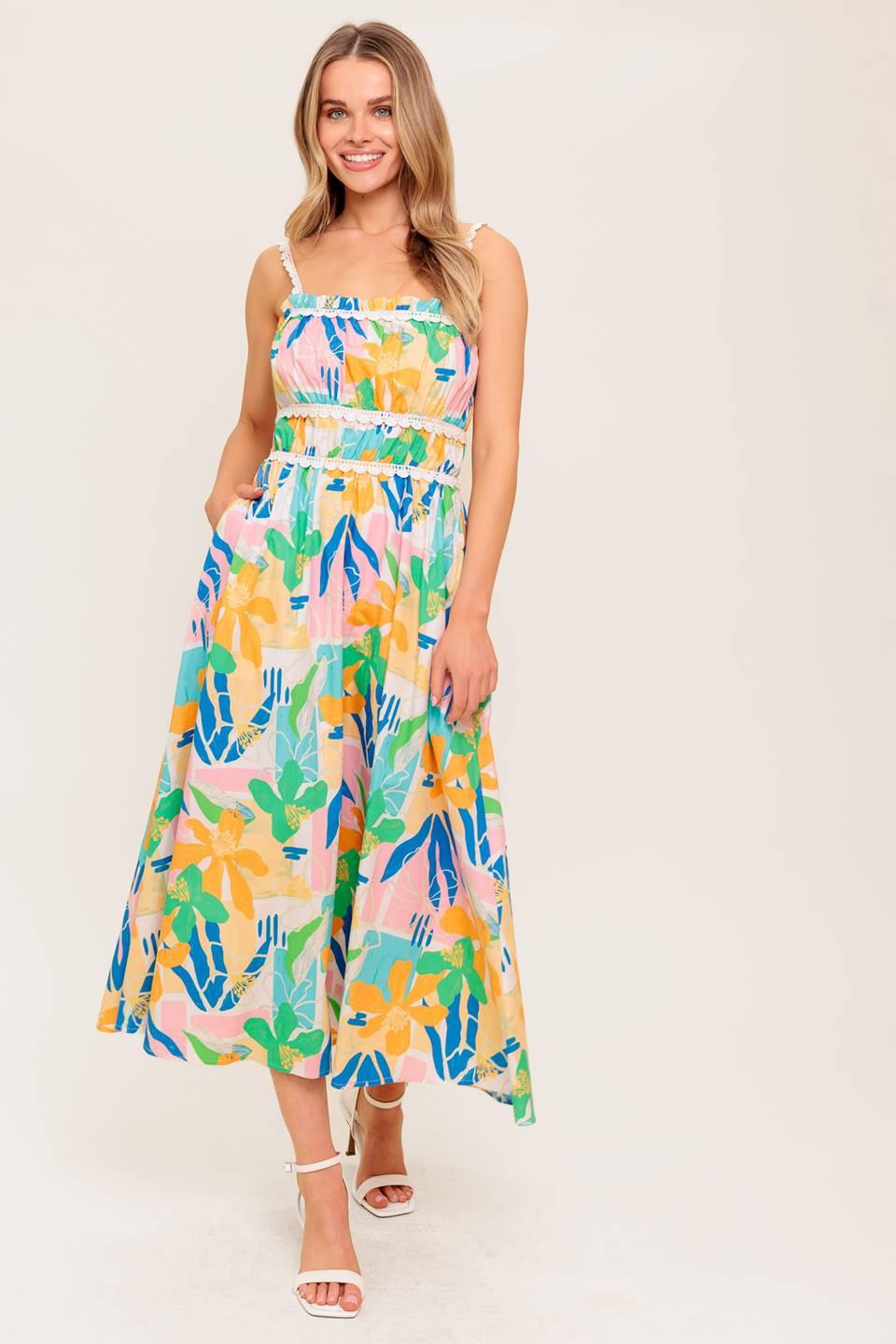 VESTIDO MIDI TEJIDO ROSA AZUL JARDÍN SOLEADO