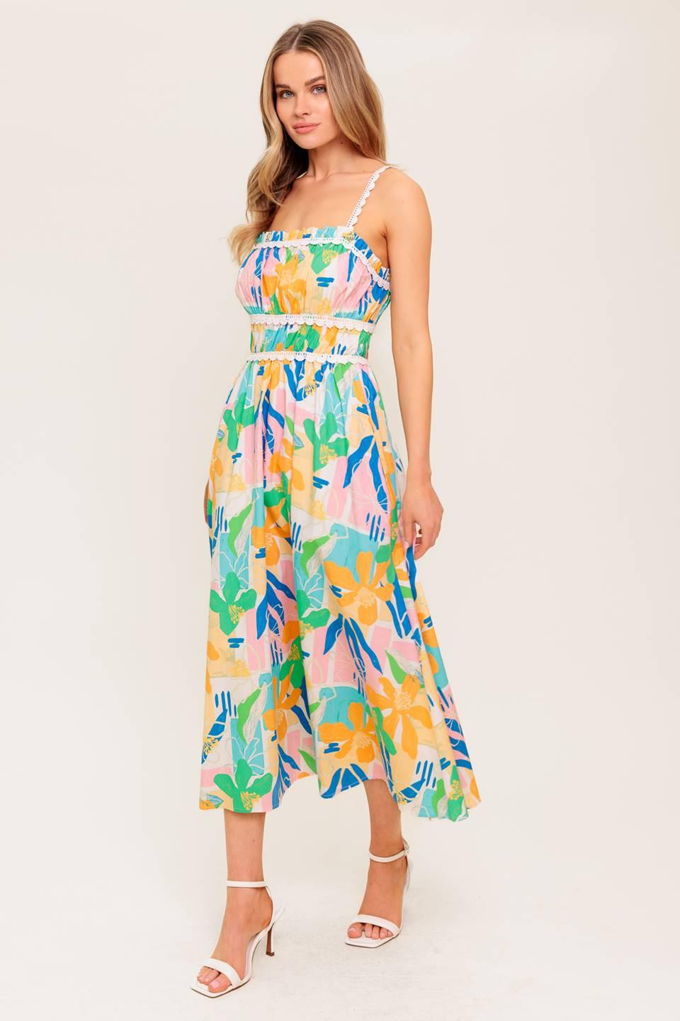 VESTIDO MIDI TEJIDO ROSA AZUL JARDÍN SOLEADO