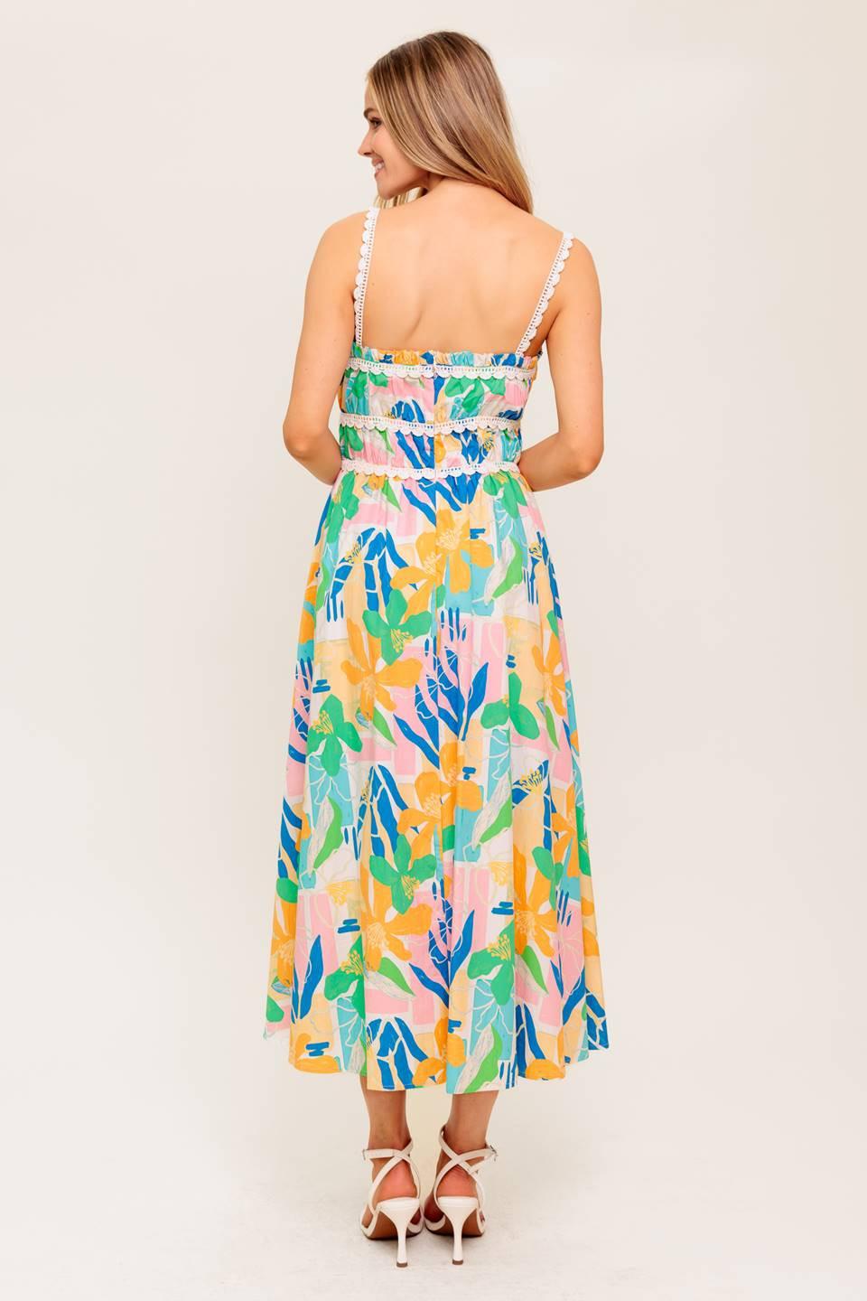 VESTIDO MIDI TEJIDO ROSA AZUL JARDÍN SOLEADO