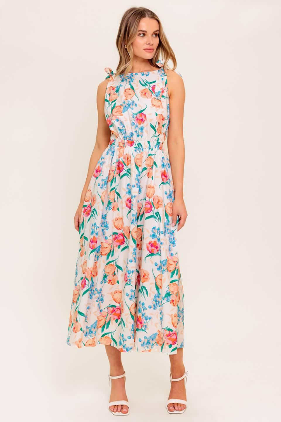 WHISPERING FLORA WOVEN MIDI DRESS