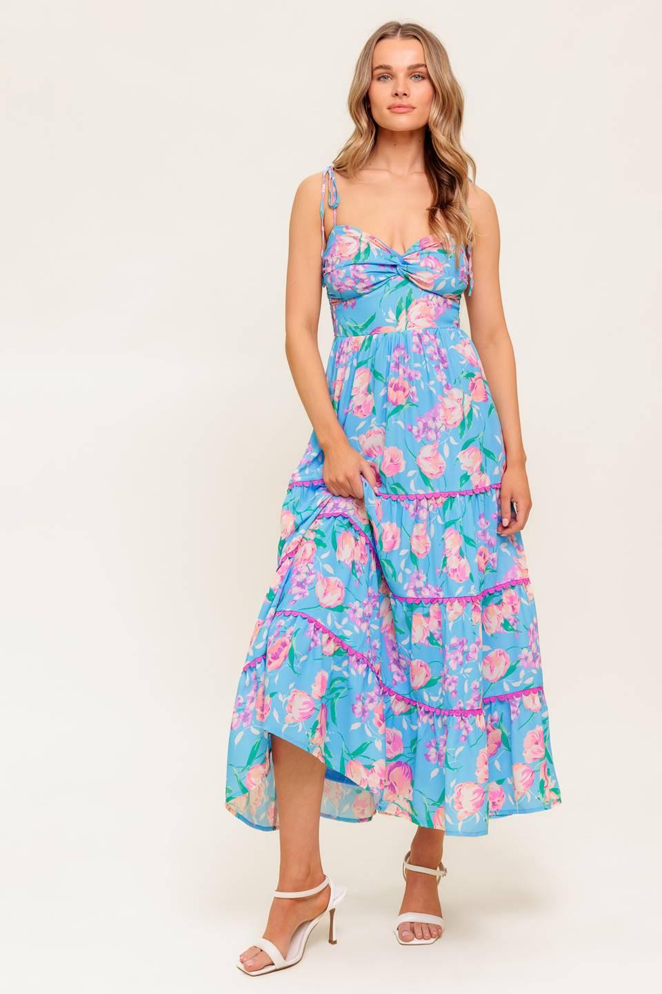 SOFT BLOOM BLUE WOVEN MIDI DRESS