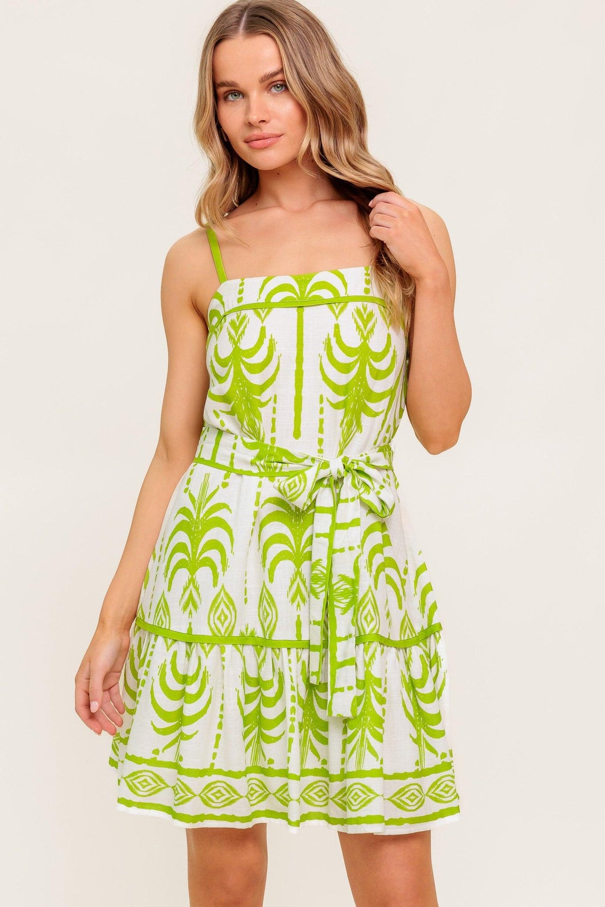 SUNDOWN CHARM GREEN WOVEN MINI DRESS