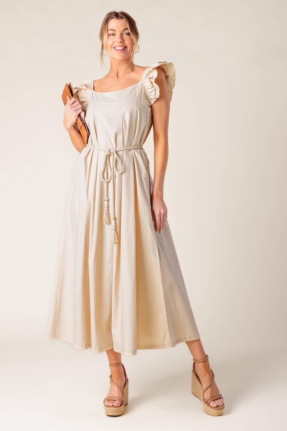 CHAMPAGNE TOAST TAUPE WOVEN MIDI DRESS