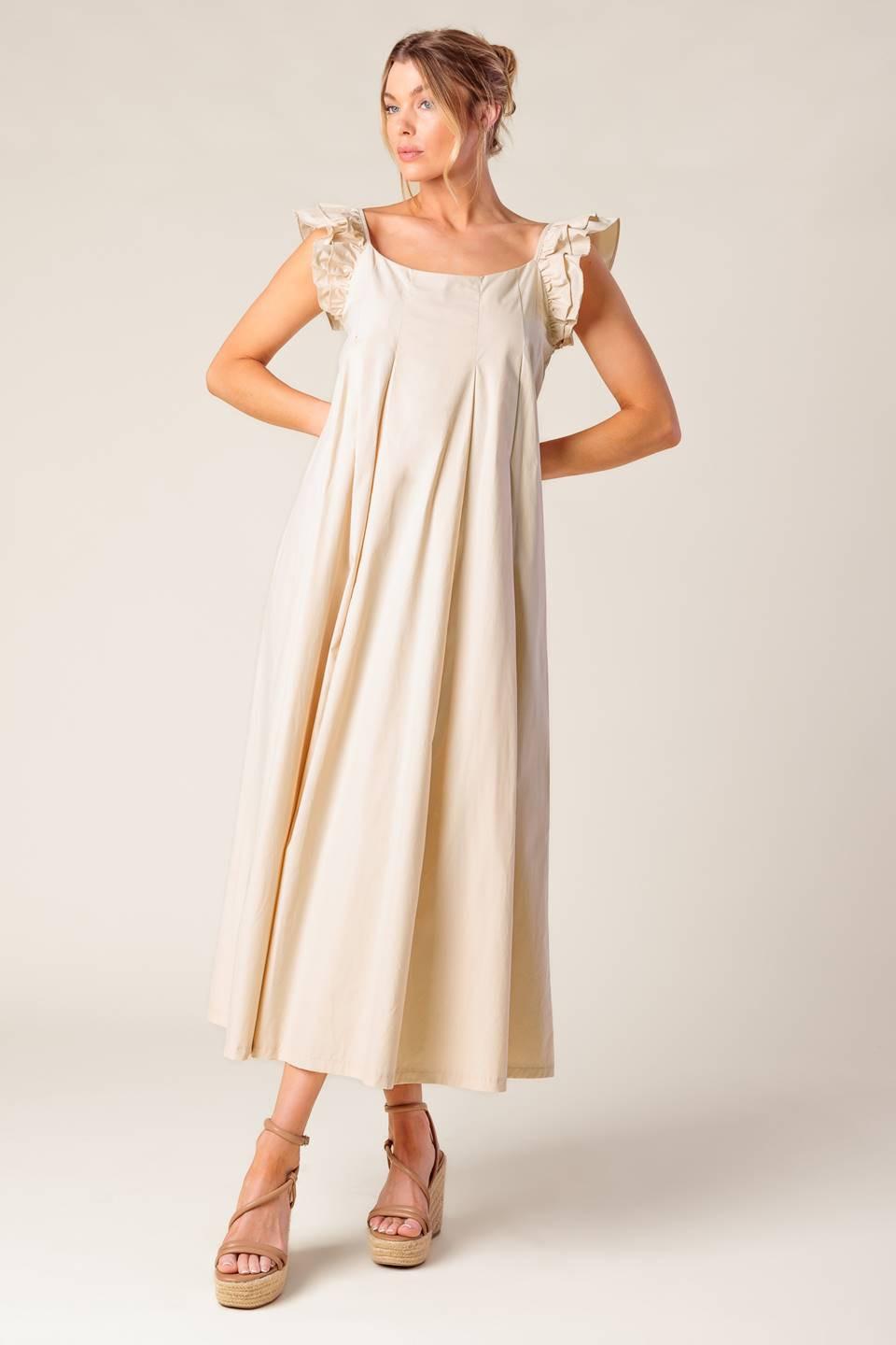 CHAMPAGNE TOAST TAUPE WOVEN MIDI DRESS