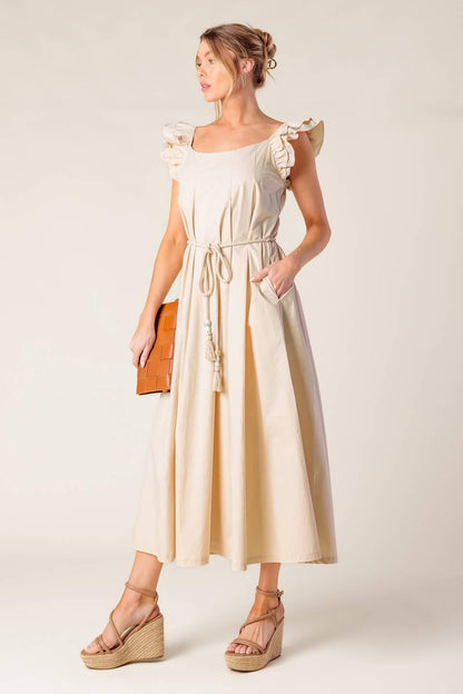 CHAMPAGNE TOAST TAUPE WOVEN MIDI DRESS