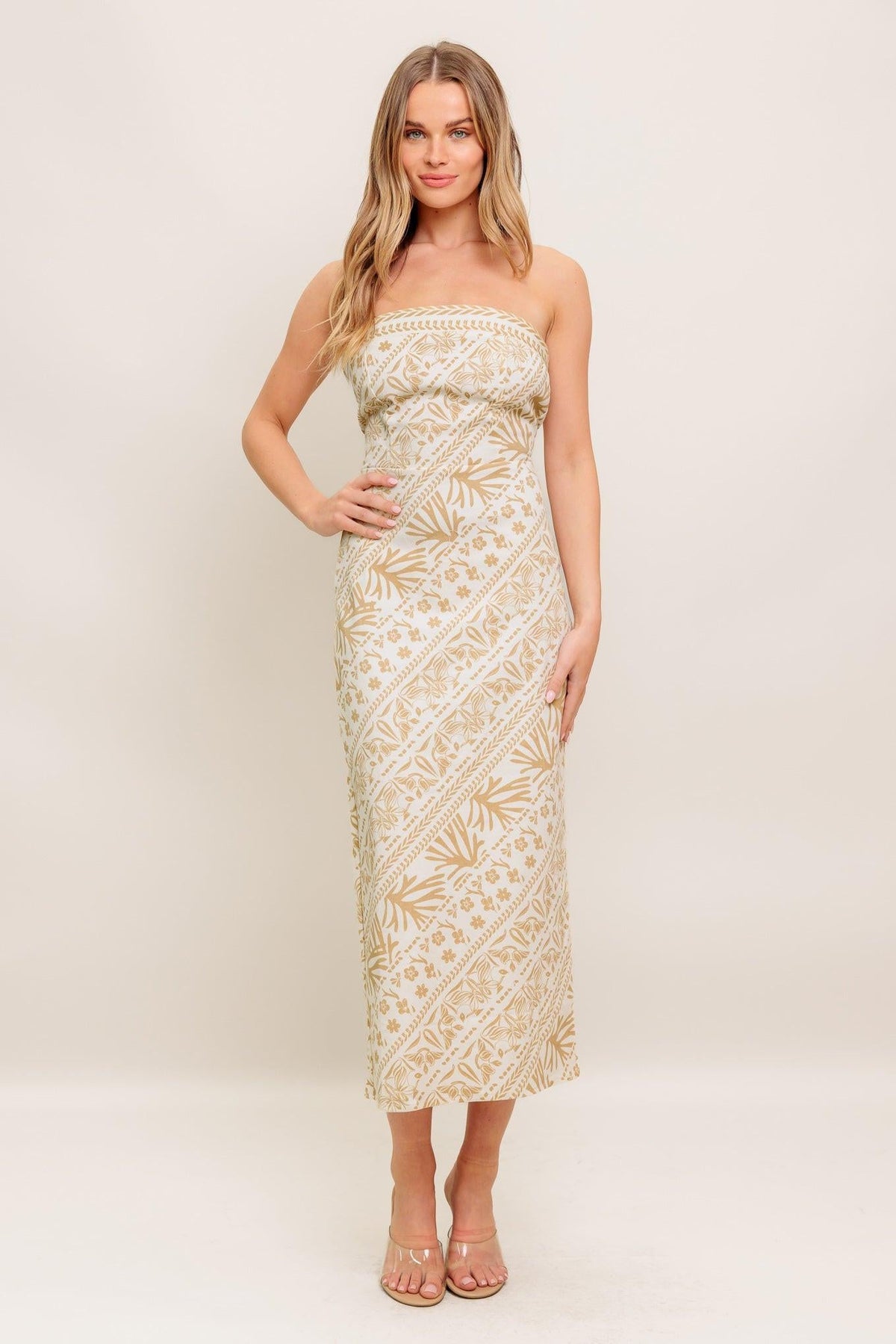 BOHO TROPIC DRAPE WOVEN MIDI DRESS