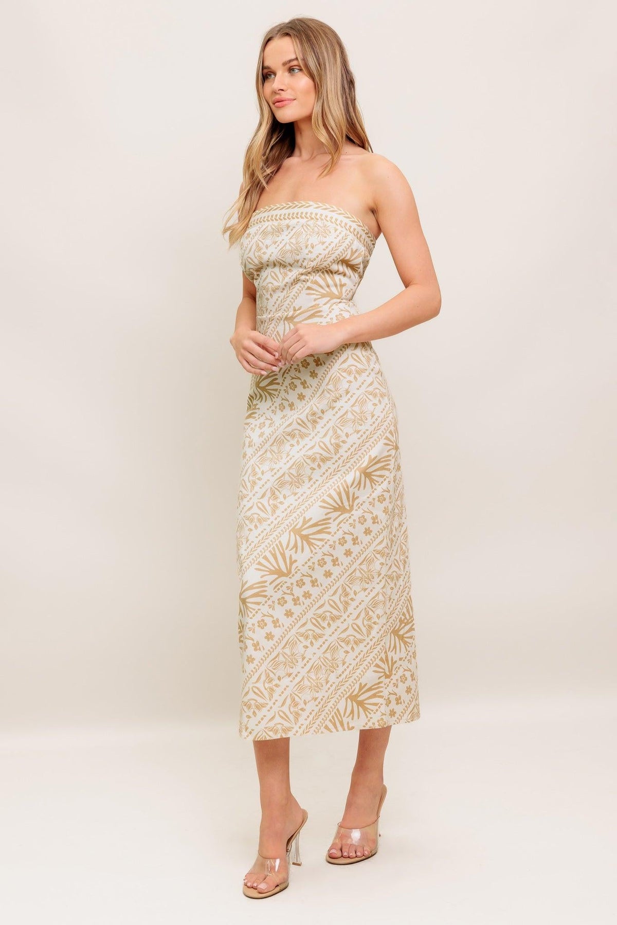 BOHO TROPIC DRAPE WOVEN MIDI DRESS