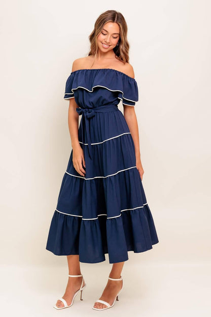 BUTTERCREAM DREAM NAVY WOVEN MIDI DRESS