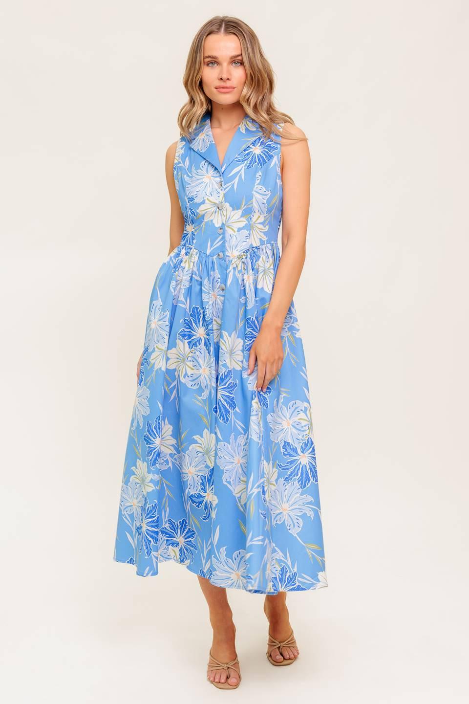 FERN WHISPER BLUE WOVEN MIDI DRESS