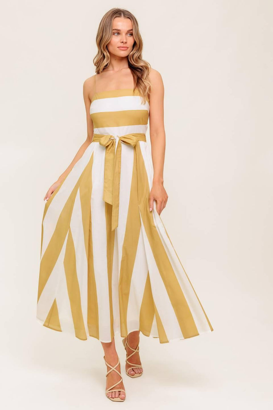 SOFT HORIZON TAUPE WOVEN MIDI DRESS