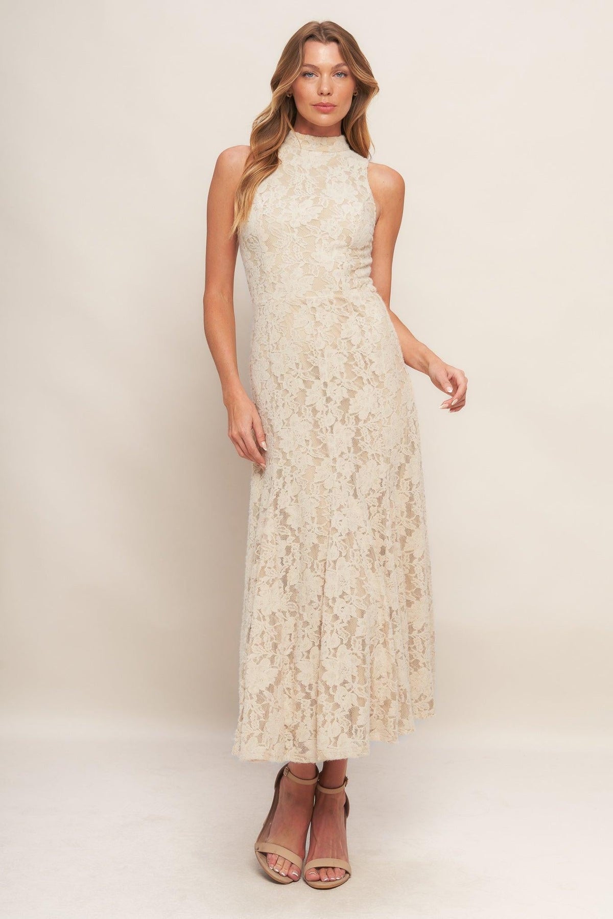 VESTIDO MIDI DE ENCAJE ELÁSTICO CON ESTAMPADO FLORAL ELEGANTE
