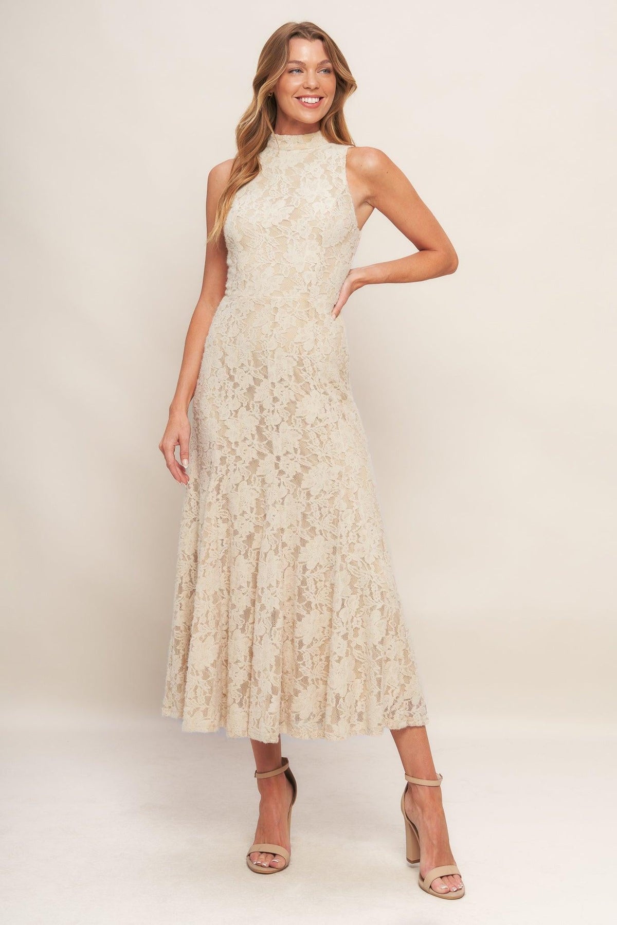 VESTIDO MIDI DE ENCAJE ELÁSTICO CON ESTAMPADO FLORAL ELEGANTE