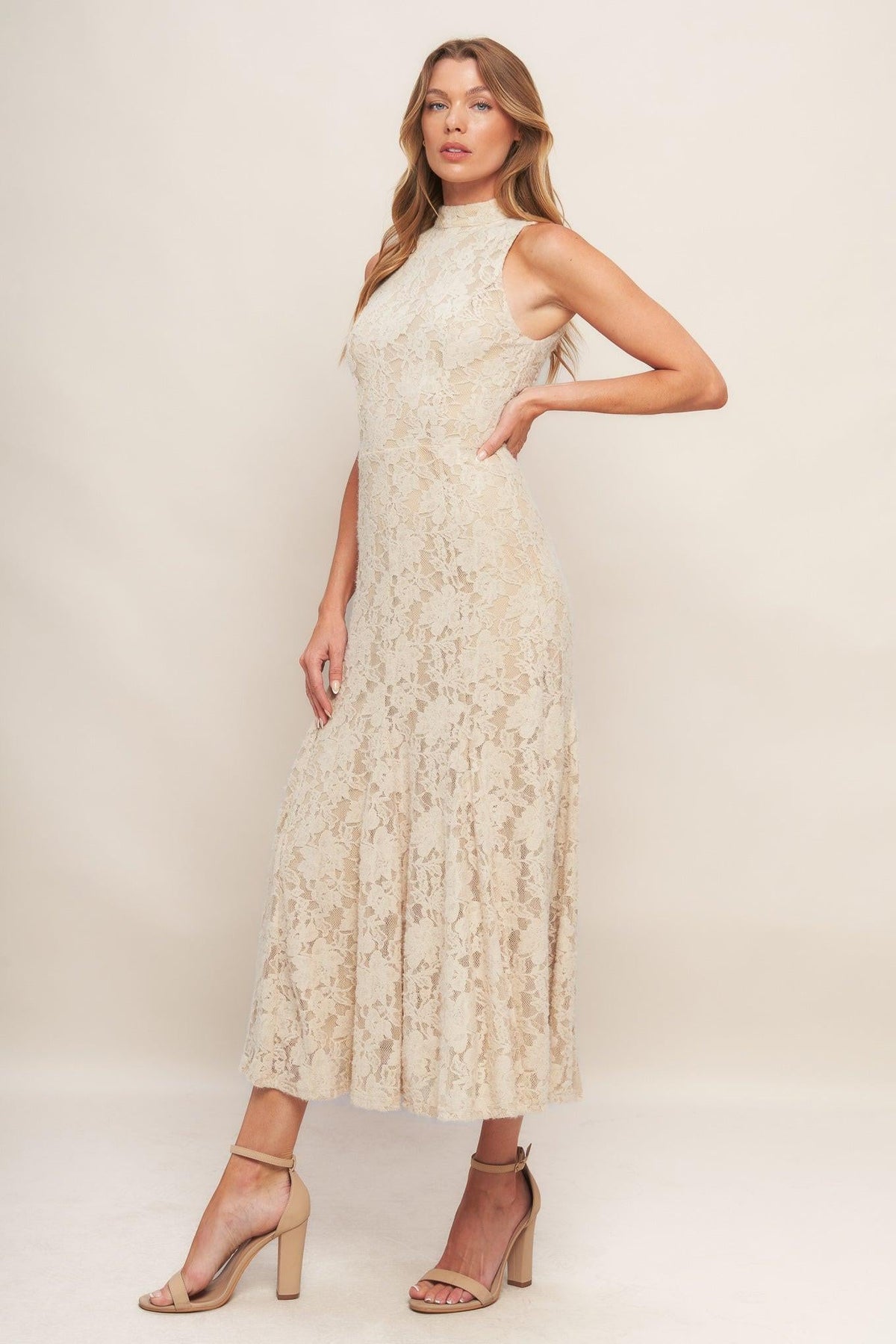VESTIDO MIDI DE ENCAJE ELÁSTICO CON ESTAMPADO FLORAL ELEGANTE