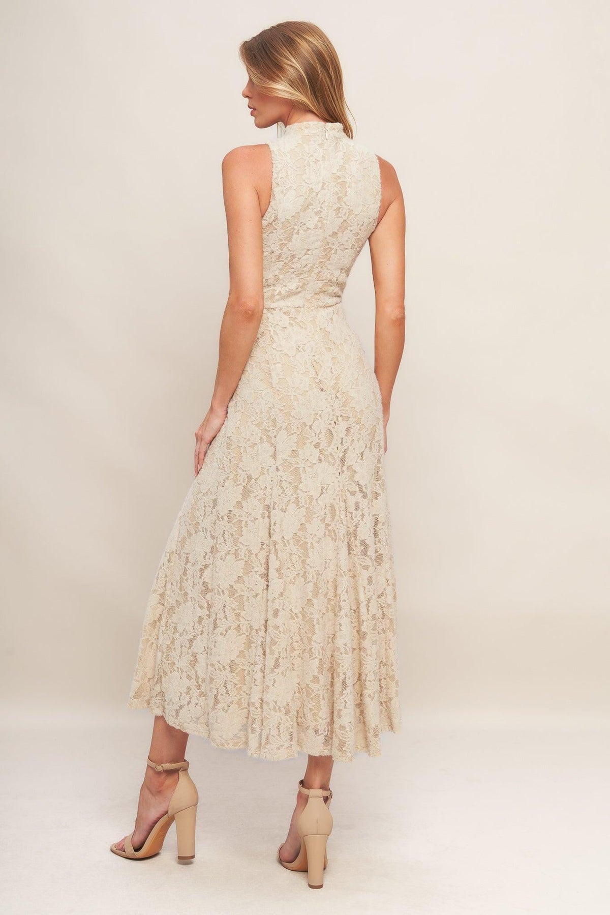 VESTIDO MIDI DE ENCAJE ELÁSTICO CON ESTAMPADO FLORAL ELEGANTE